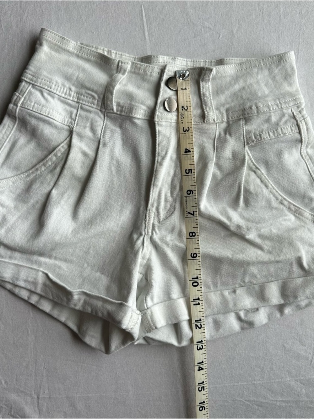 High Waisted Pleated White Denim Shorts with Wide Waistband - Picture 6 of 7